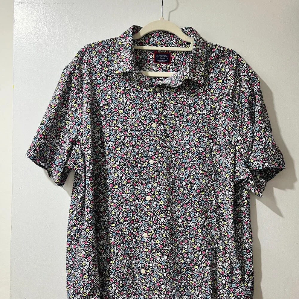 🌿 UNTUCKit Garganega Men's Navy Floral Short Sleeve Button-Up Shirt - XL - Picture 5 of 9